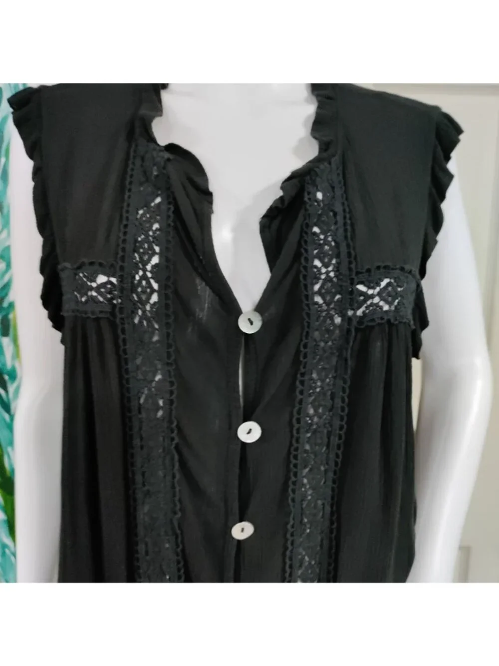 Made in Italy Whimsy Boho Black Lace MTrim Ruffle Button Up Sleeve Blouse - Picture 4 of 10